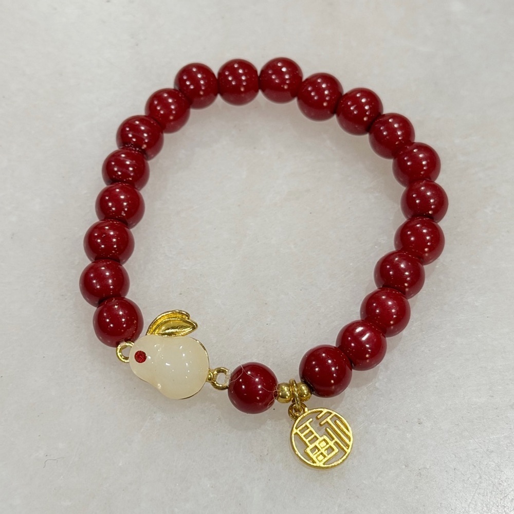 Blessing and Fortune Beaded Jadeite Rabbit Bracelet with Gold Fu Accent Charm